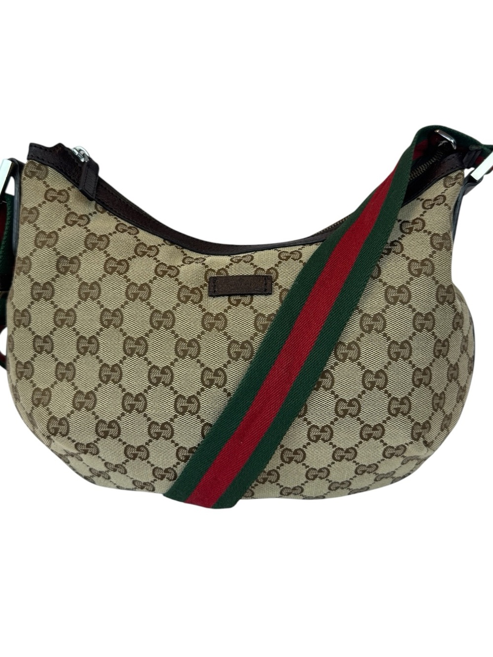 Gucci Beige Signature Canvas Hobo Bag with Green-Red Strap